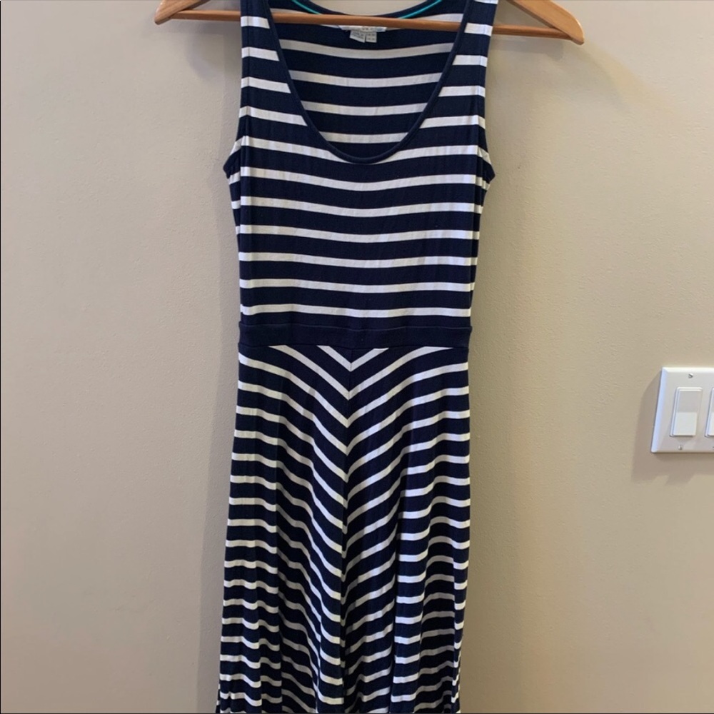 Boden dress navy blue white striped sleeveless jersey knit fit flare dress